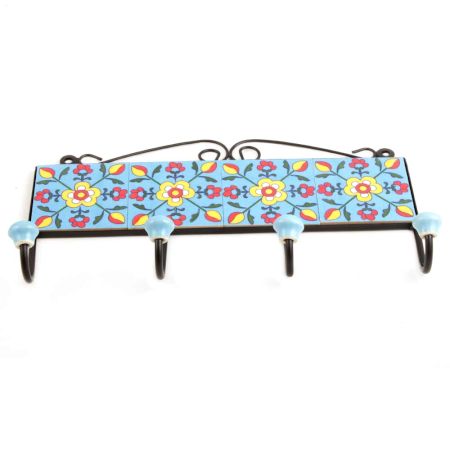 Turquoise Yellow Floral Tiles Hooks 